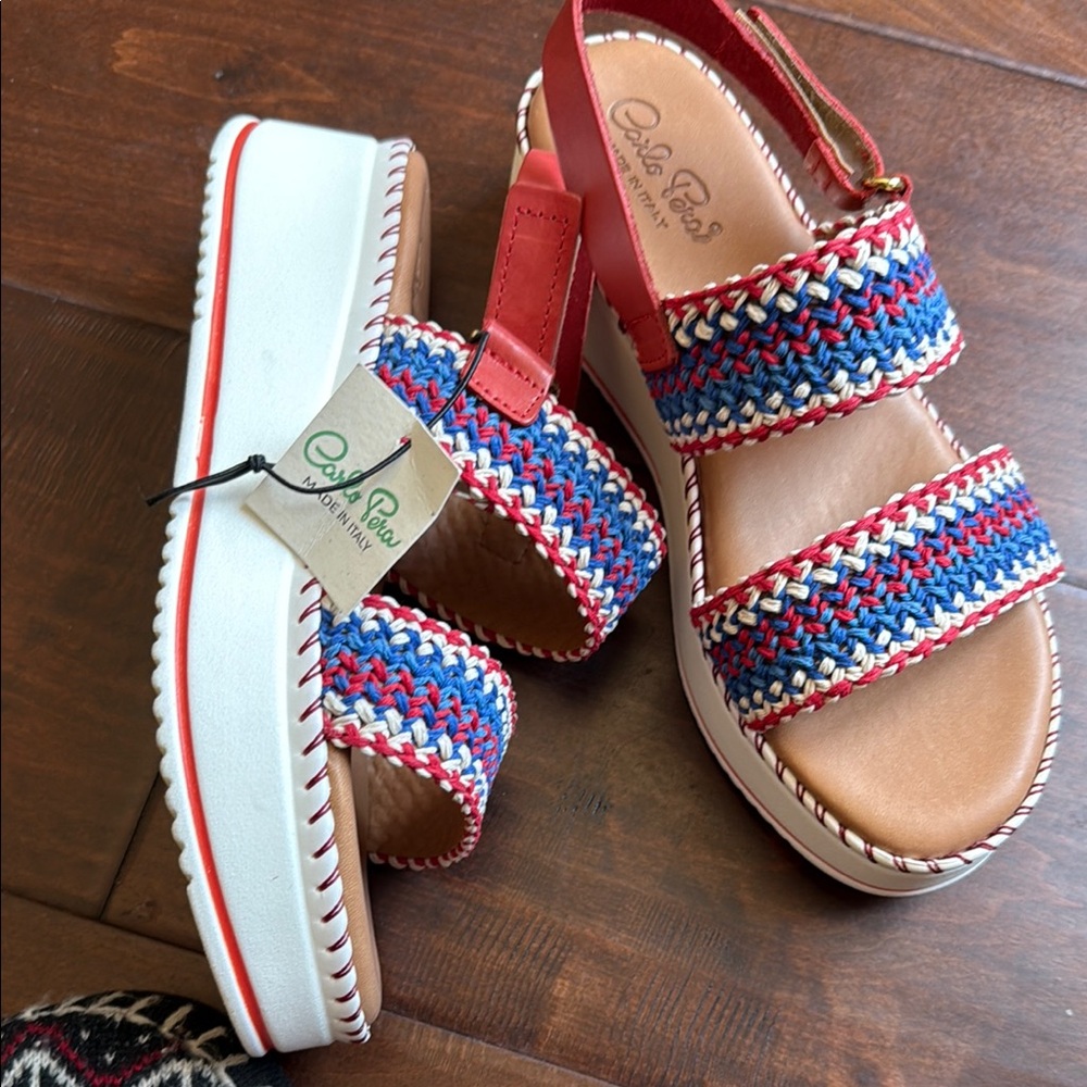 Italian Red, White & Blue Leather Woven Sandals - Picture 3 of 6